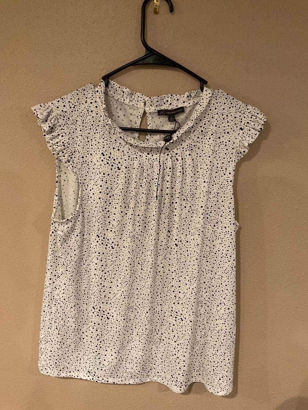 Adrianna Papell Polka Dot Ruffle Cap Sleeve Blouse, Size L